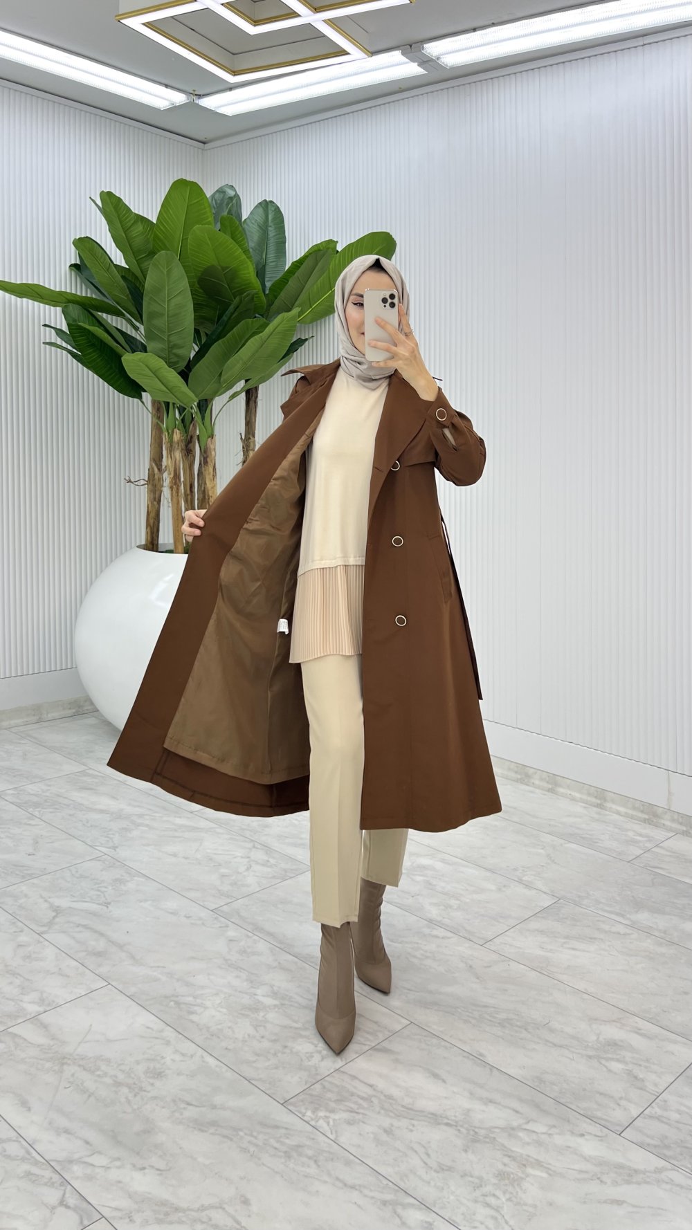 Kahve Premium Astarlı Eylem Trench Tesettür Giyim 