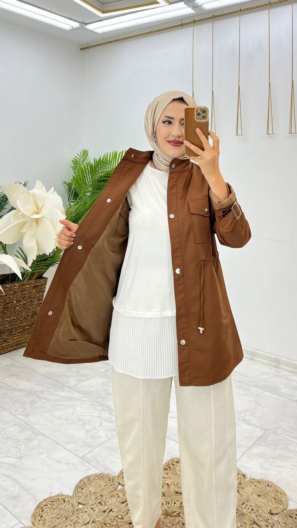 Kahve Canan Astarlı Trench Tesettür Giyim