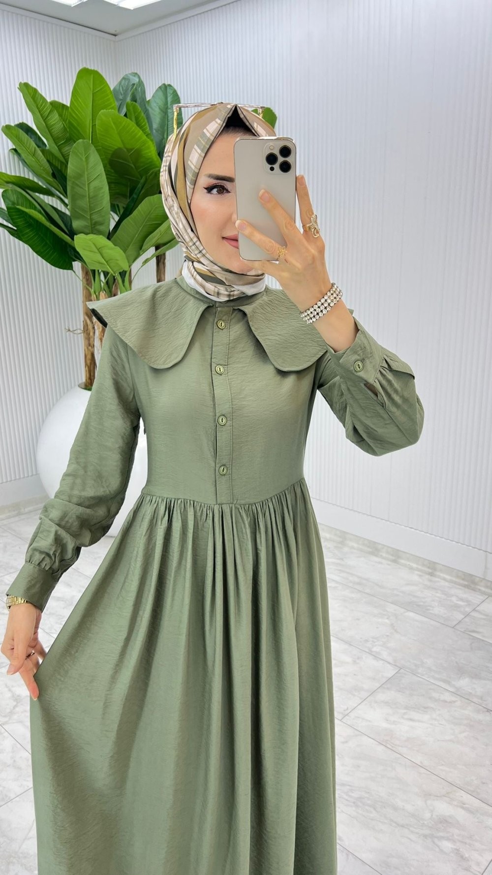 Haki Premium Bebe Yaka Elbise Tesettür Giyim