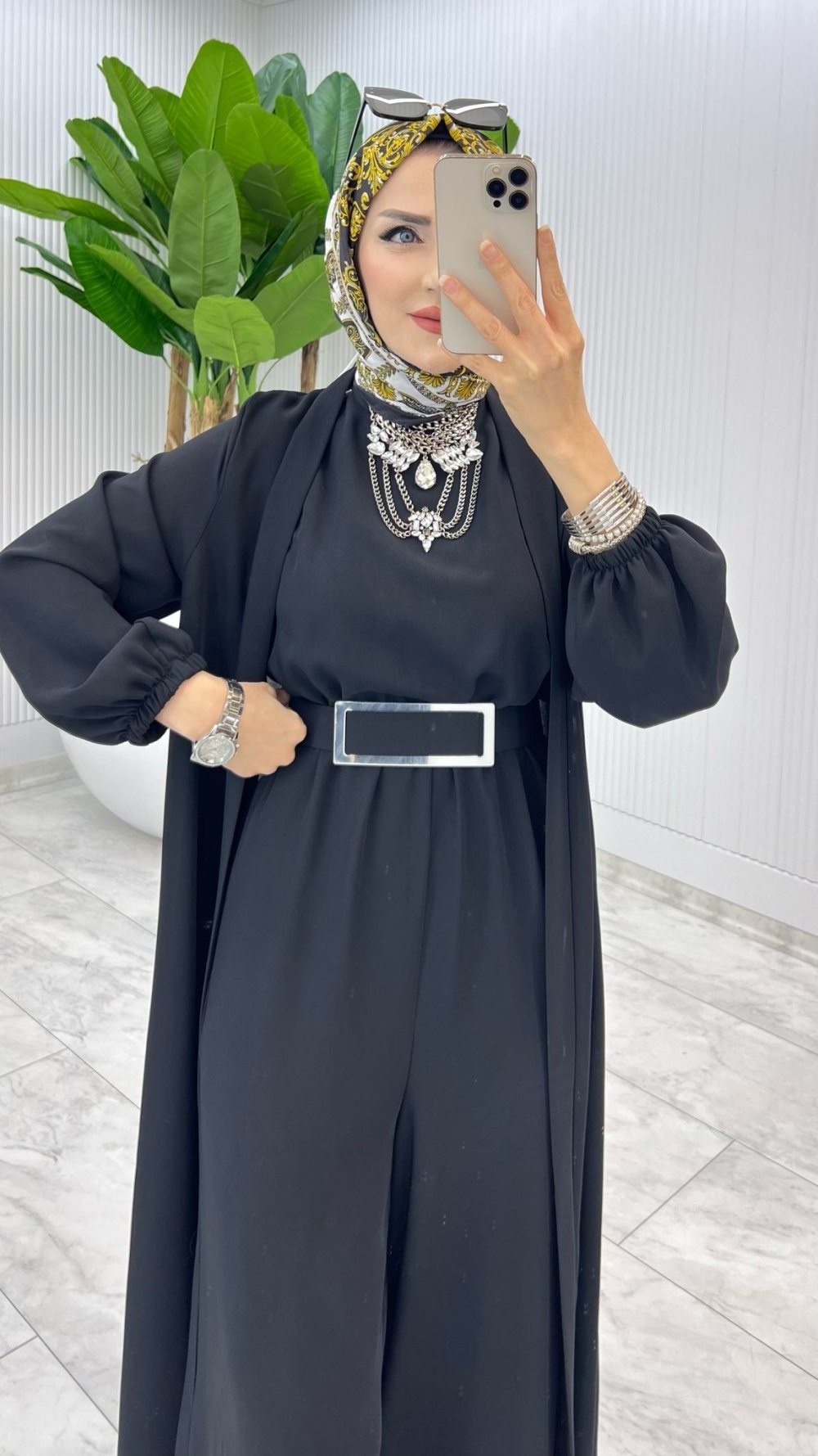 Siyah Premium Silva Tulumlu Abaya Takım Tesettür Giyim
