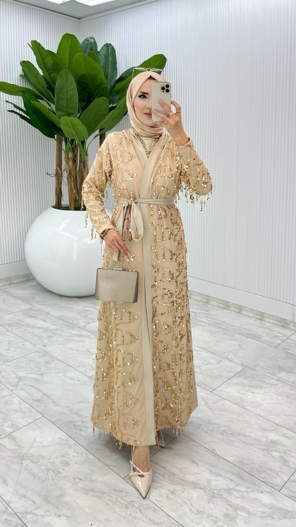 Krem Karen Tasarım Abaya Takım Tesettür Giyim
