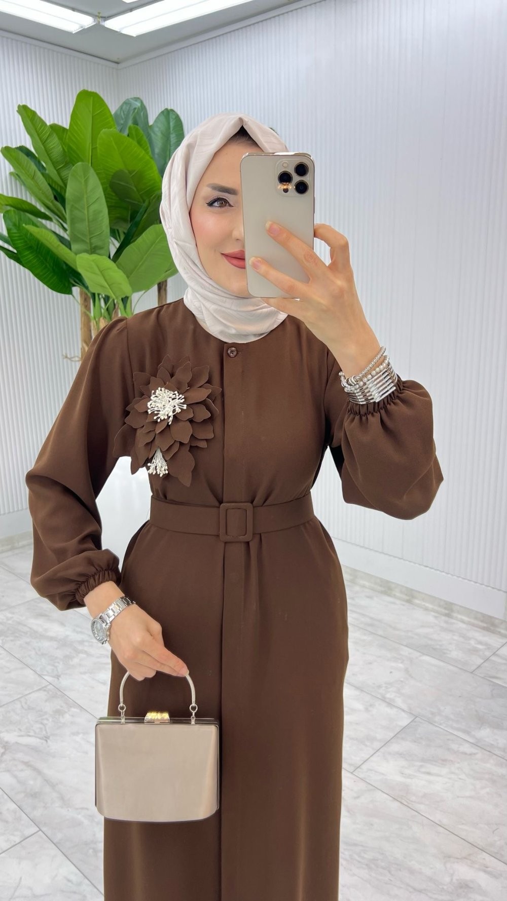 Kahve Premium Yasemin Ferace Tesettür Giyim