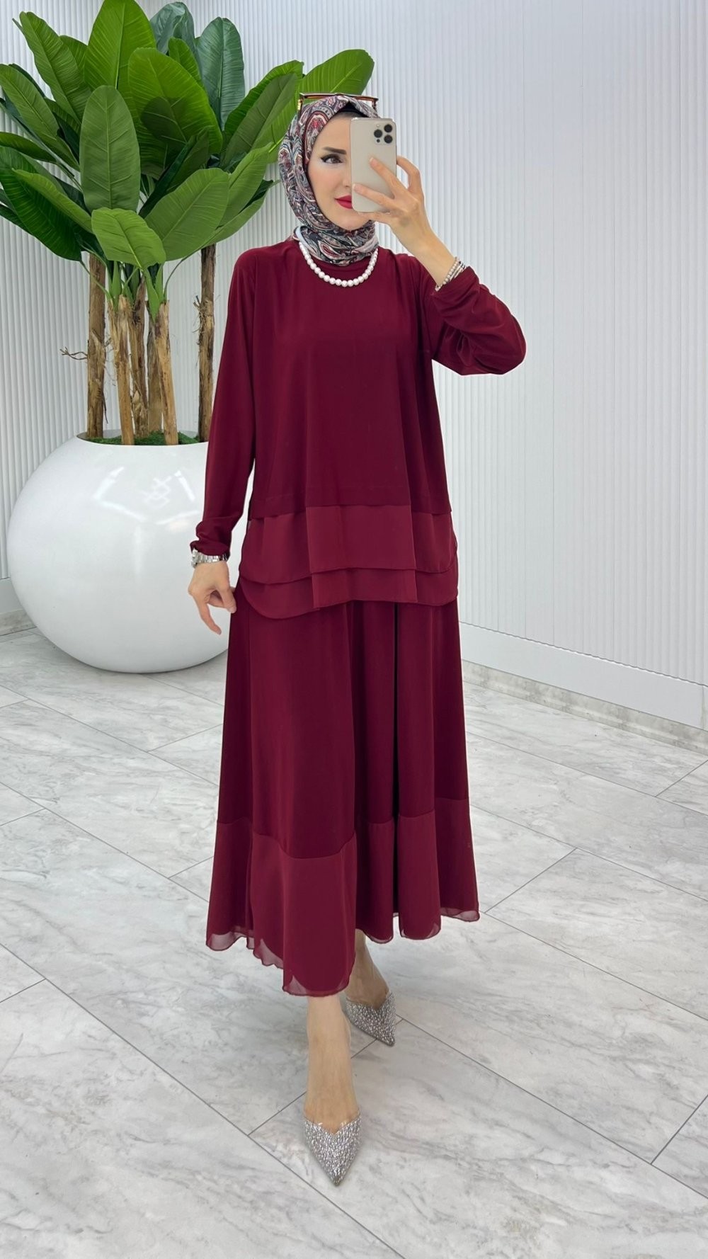 Bordo Premium Aksu Etek Takım Tesettür Giyim