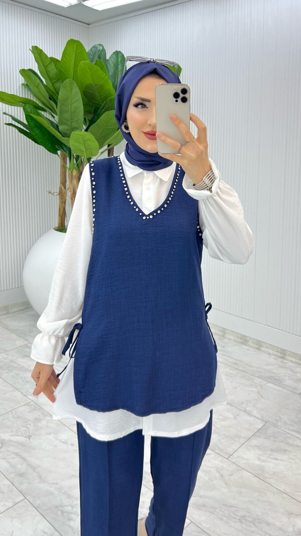 Lacivert Üçlü Çağla Takım Tesettür Giyim