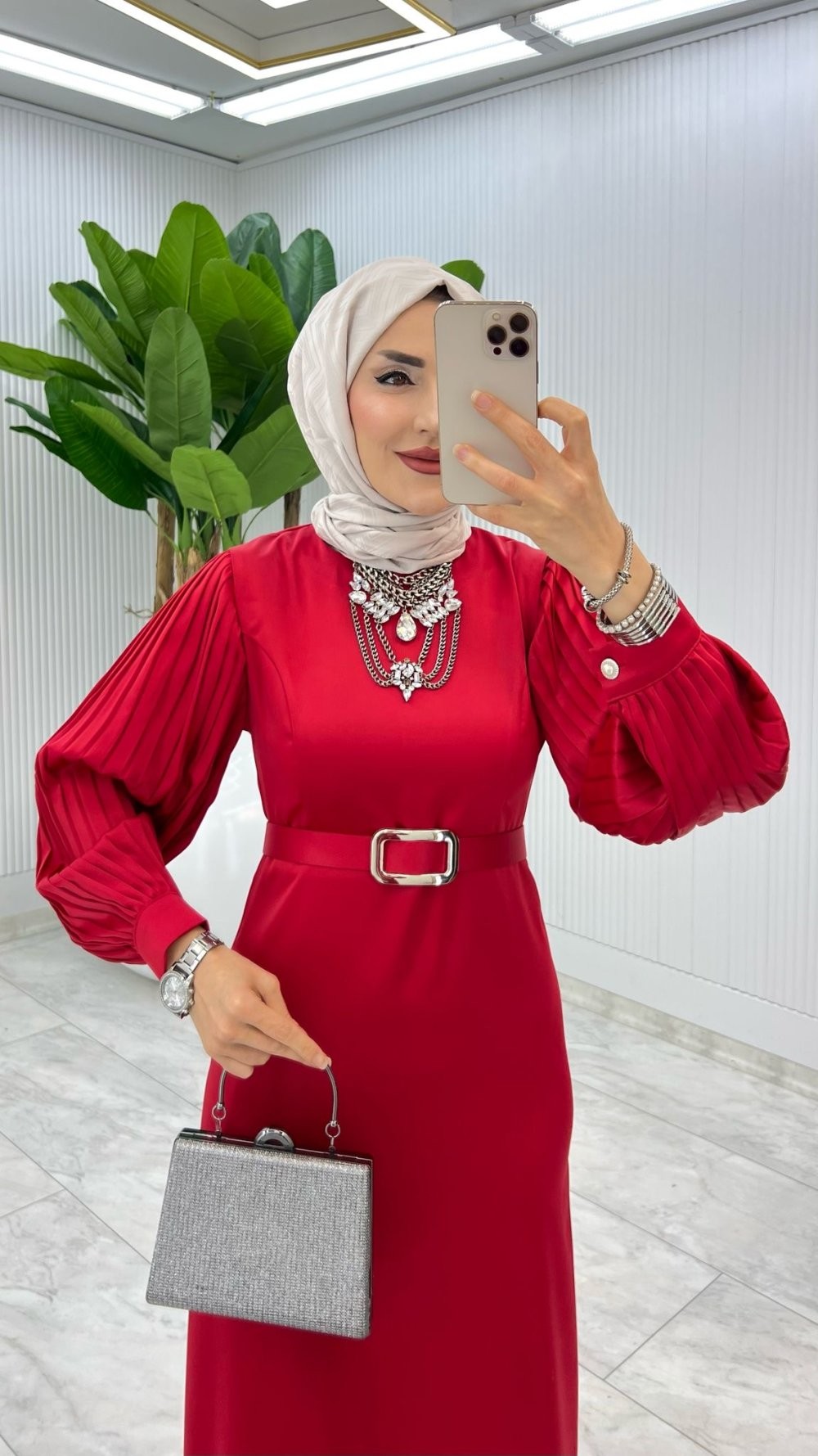 Kırmızı Belçim Elbise Tesettür Giyim