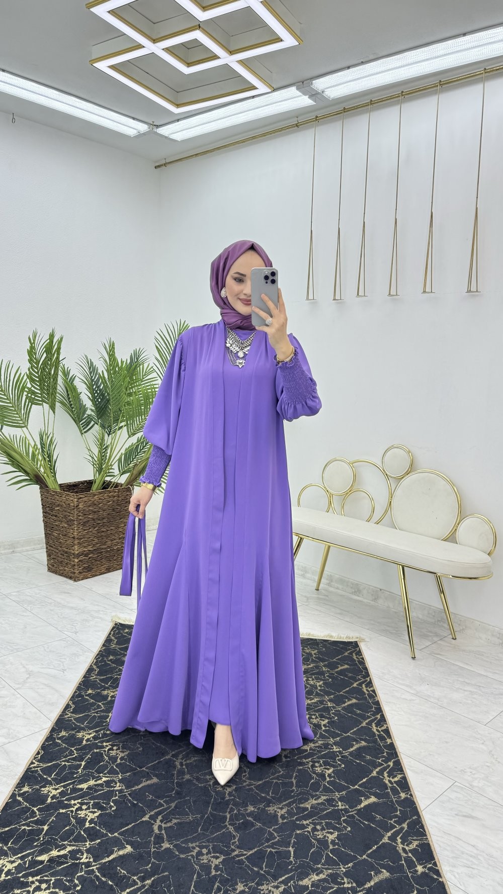 Mor Şahane Abaya Takım Tesettür Giyim 