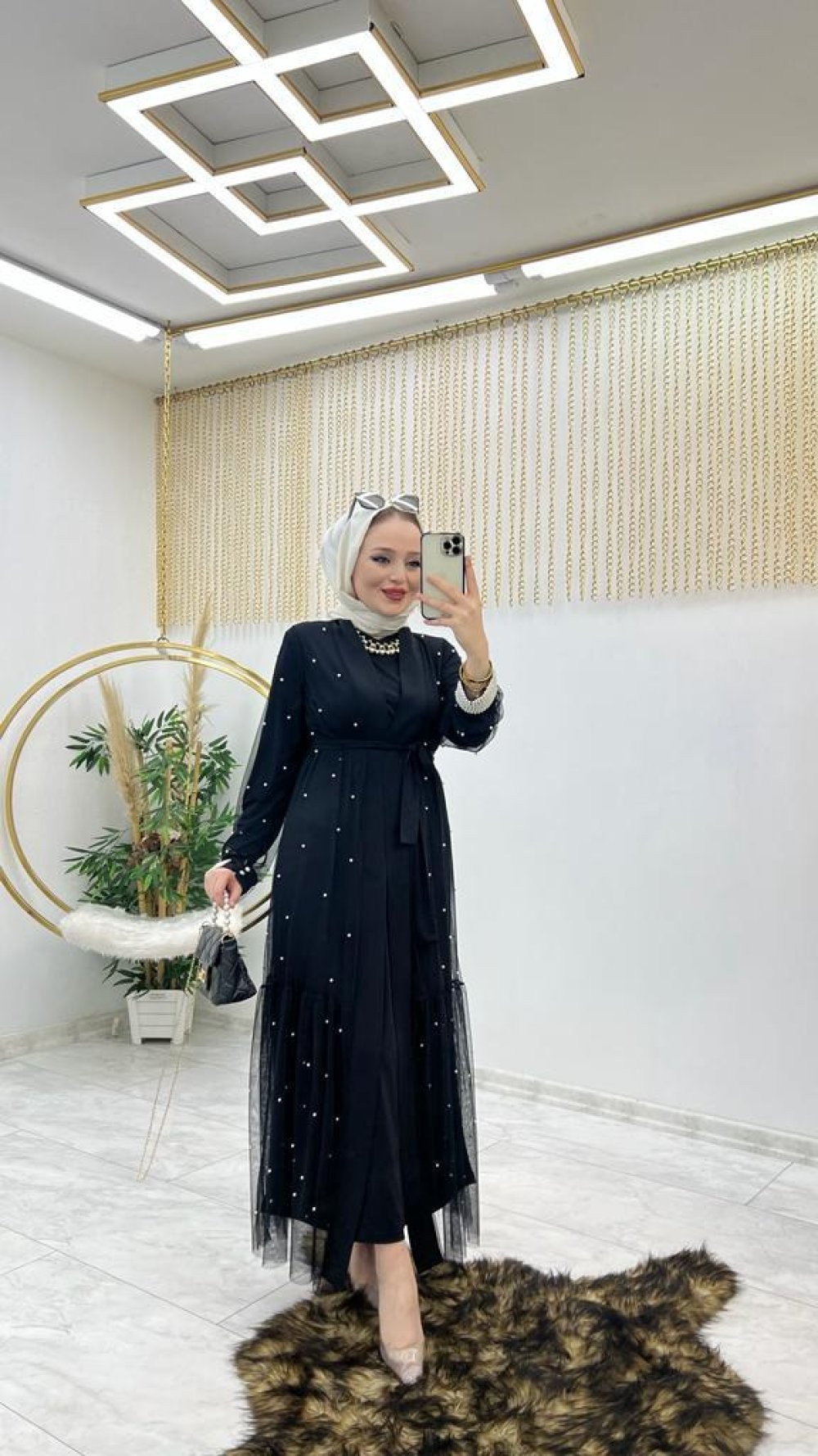 Siyah İncili Abaya Takım Tesettür Giyim 