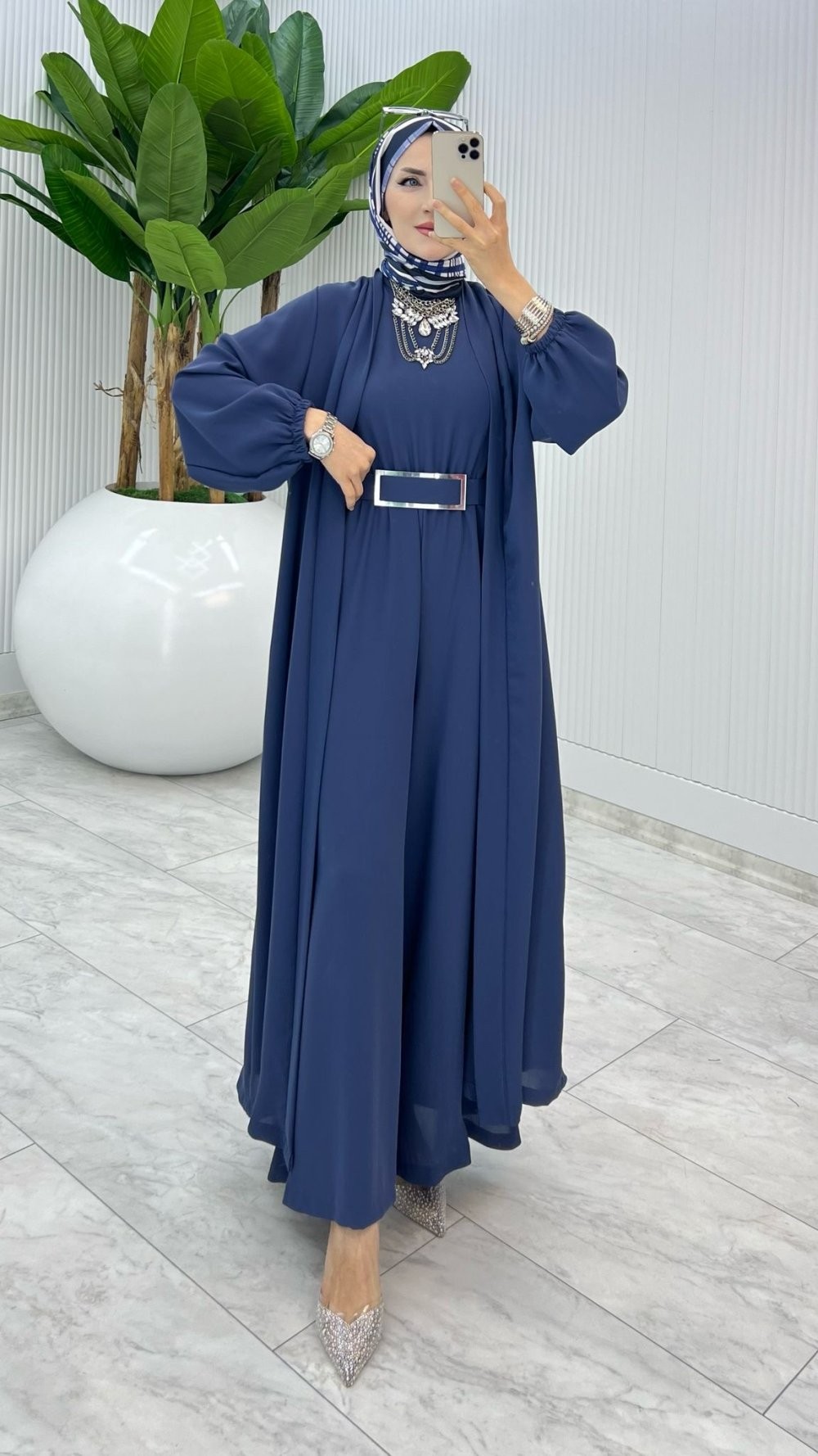 İndigo Premium Silva Tulumlu Abaya Takım Tesettür Giyim