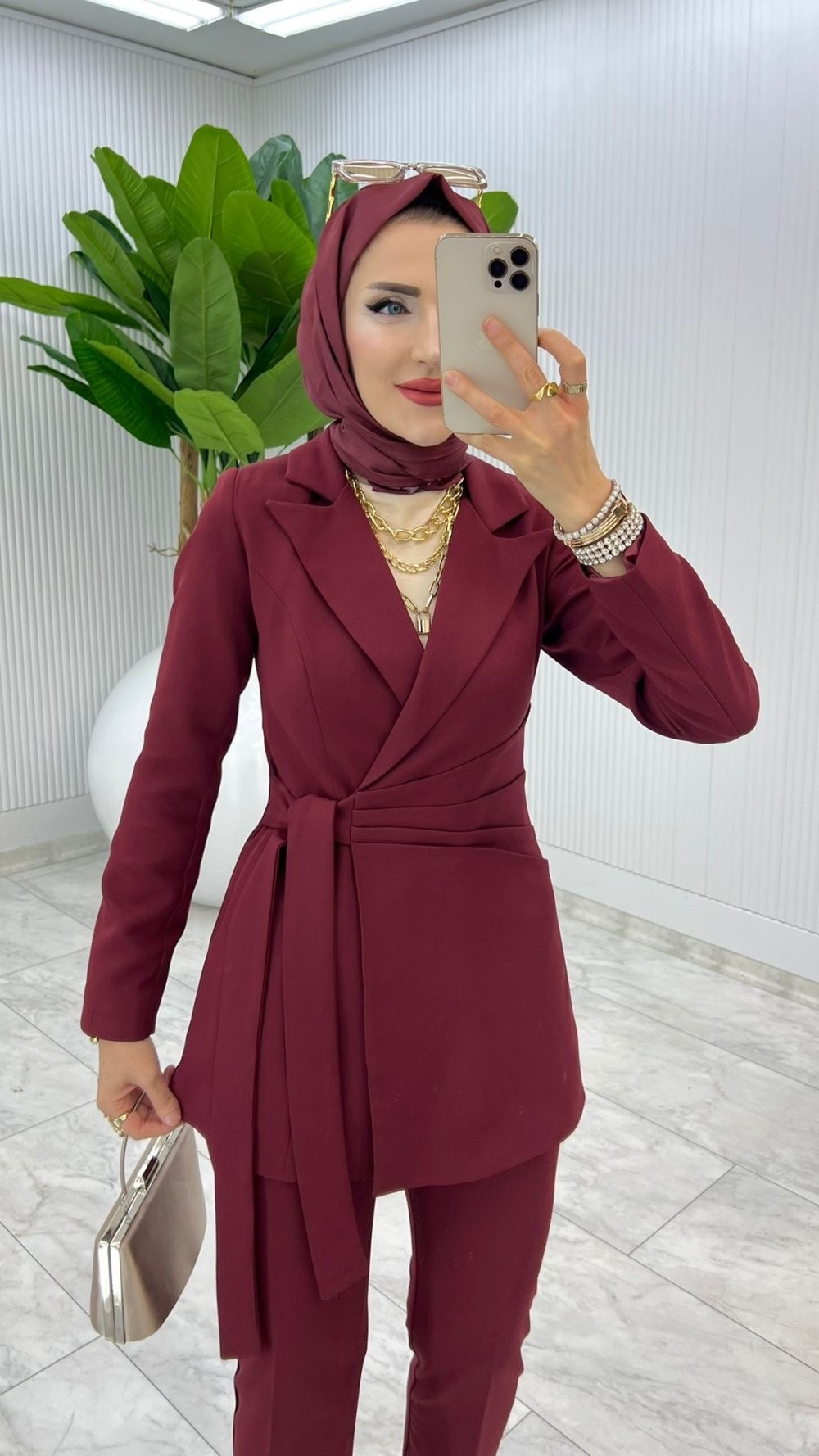 Bordo Premium Astarlı Klas Takım Tesettür Giyim