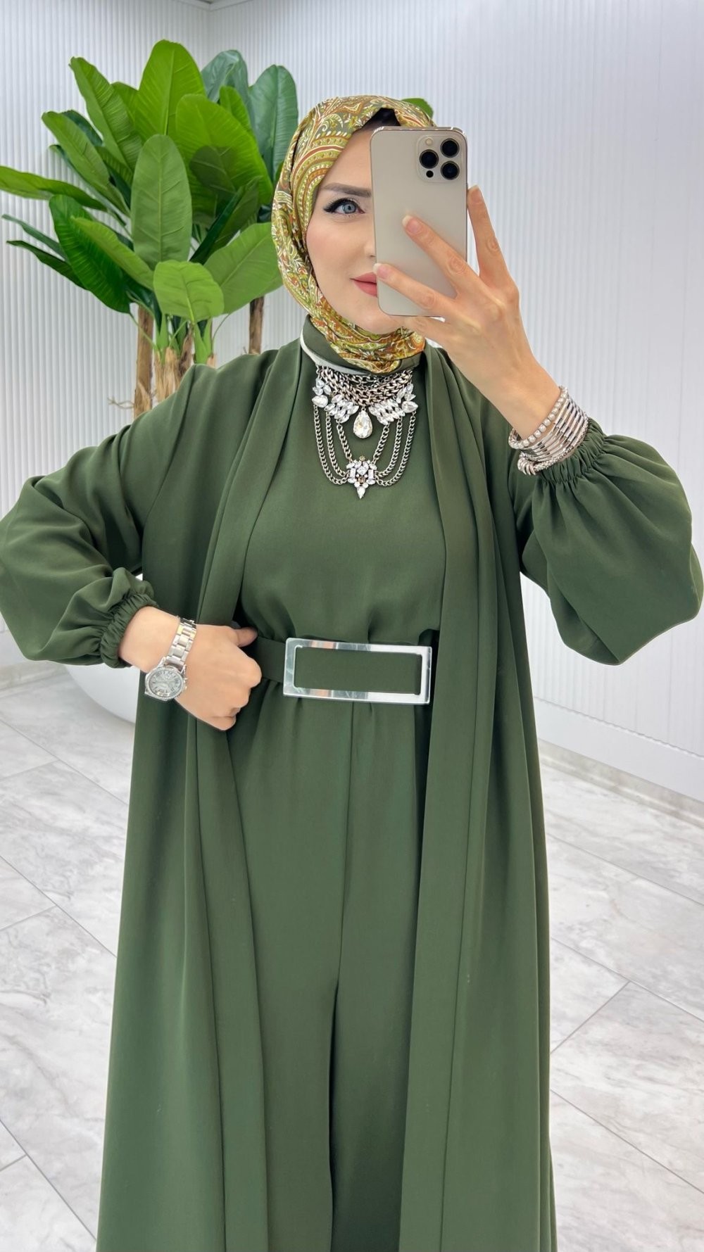 Haki Premium Silva Tulumlu Abaya Takım Tesettür Giyim
