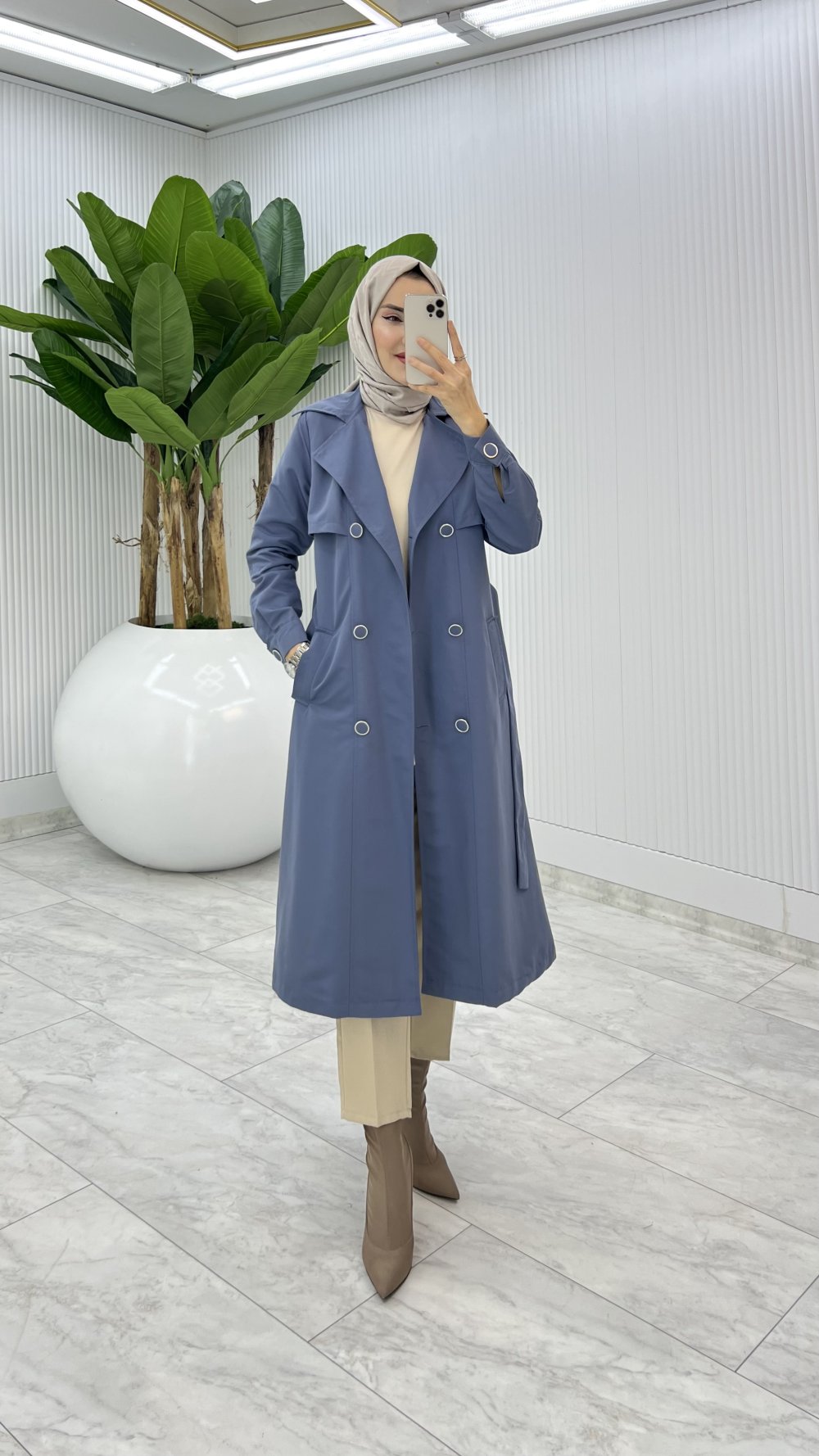İndigo Premium Astarlı Eylem Trench Tesettür Giyim 