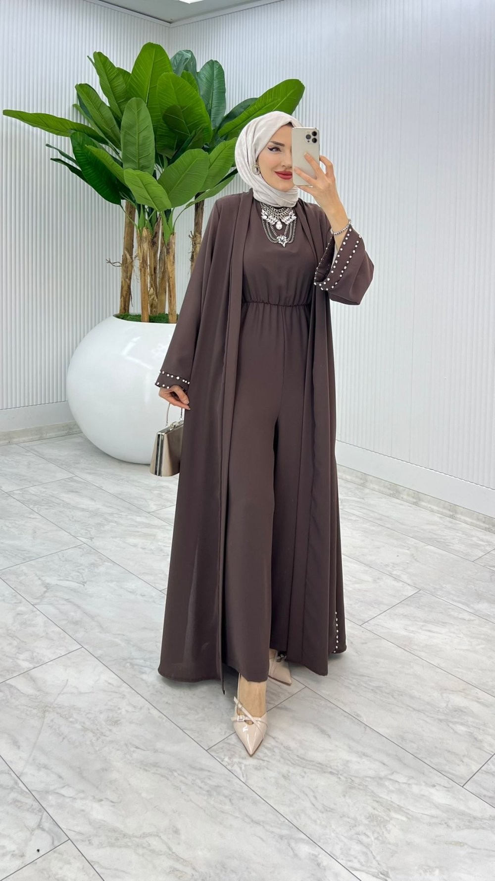 Kahve Premıum Faya Abaya Tulum Takım Tesettür Giyim