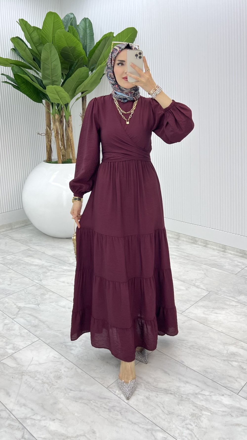Bordo Premıum Leha Elbise Tesettür Giyim