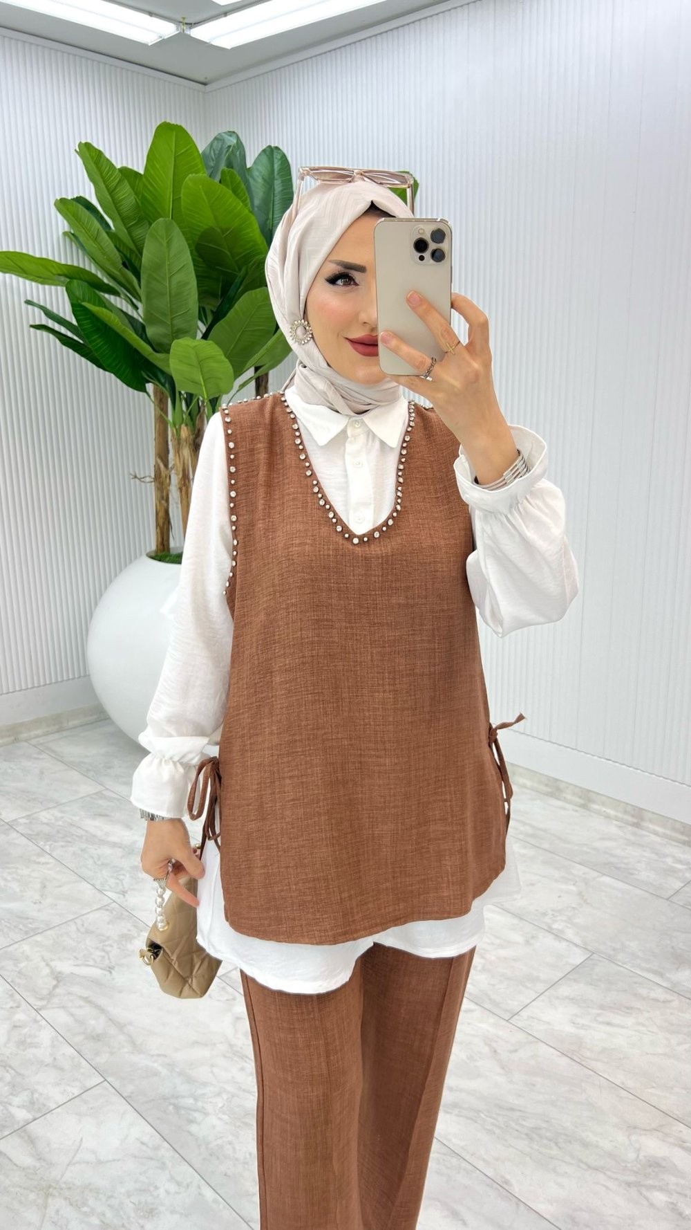 Kahve Üçlü Çağla Takım Tesettür Giyim