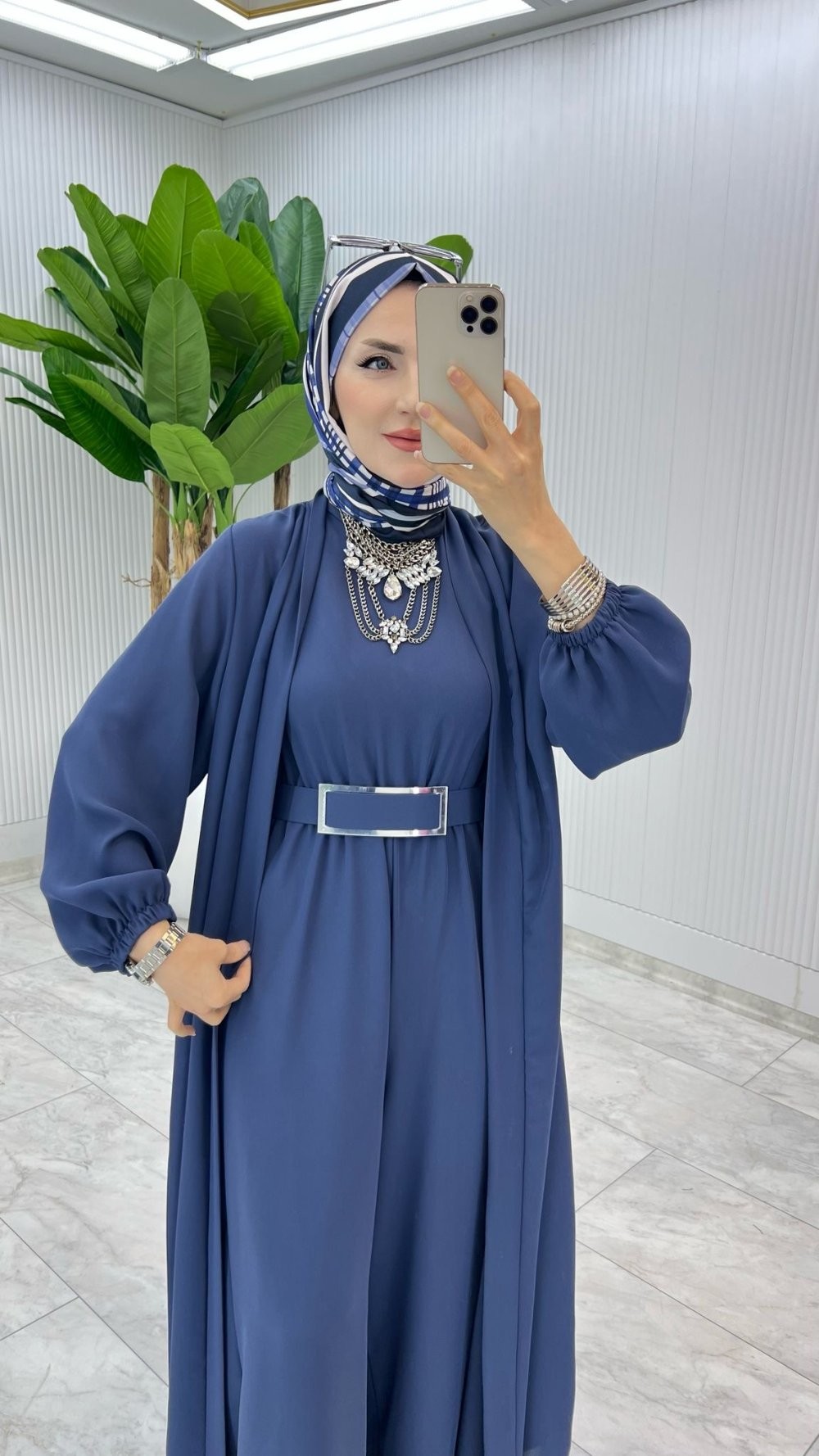 İndigo Premium Silva Tulumlu Abaya Takım Tesettür Giyim