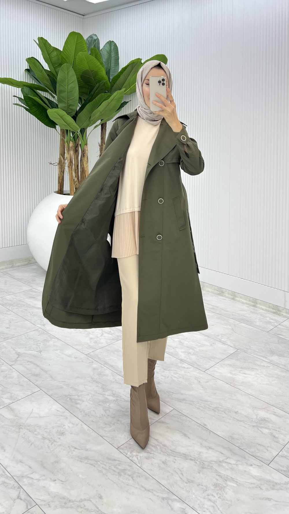 Haki Premium Astarlı Eylem Trench Tesettür Giyim 