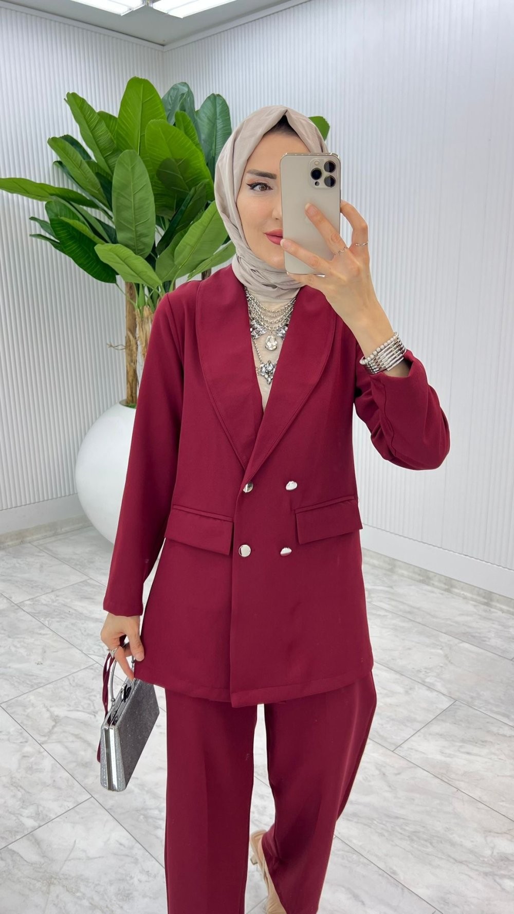 Bordo Hande Ceket Takım Tesettür Giyim