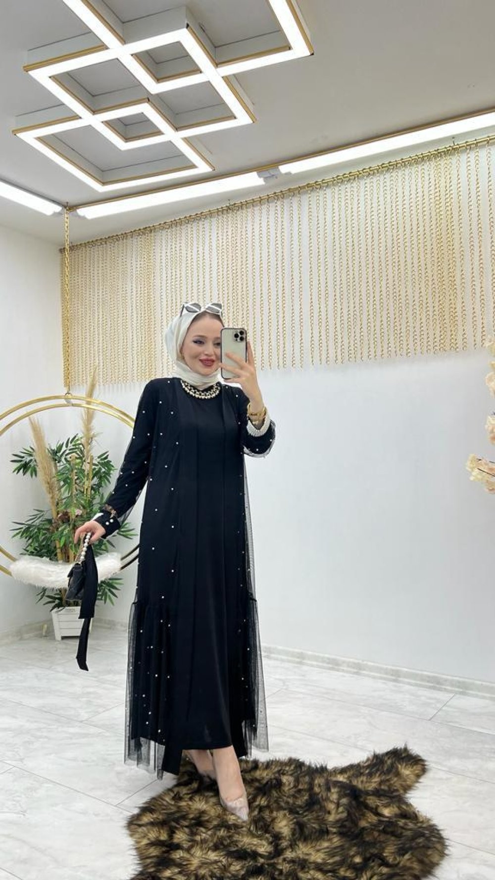 Siyah İncili Abaya Takım Tesettür Giyim 