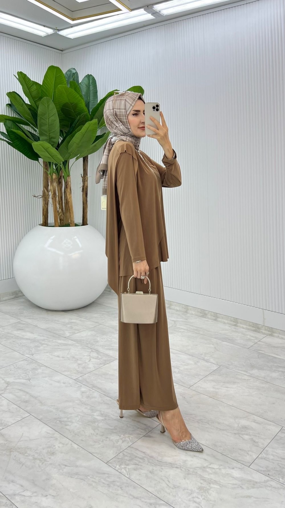 Camel Asimetrik Takım Tesettür Giyim