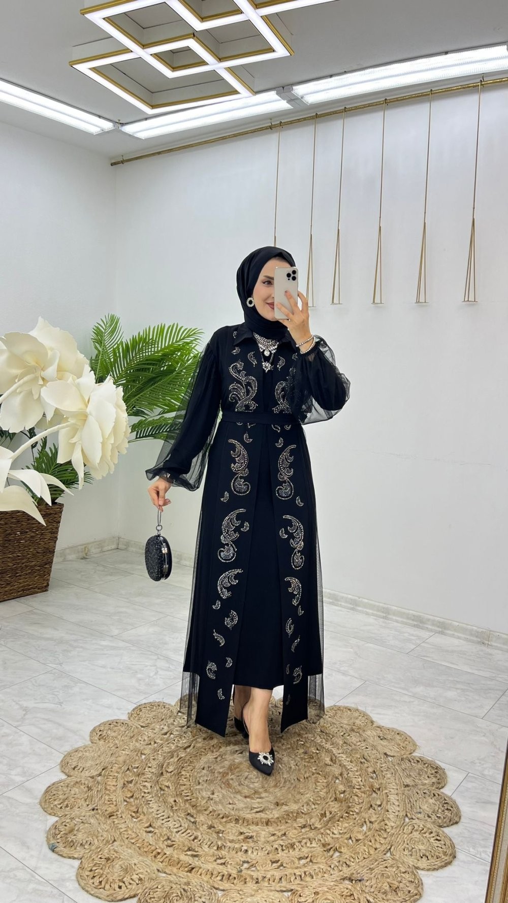 Abaya Tasarım Siyah Sarmal Abaya Takım Tesettür Giyim 