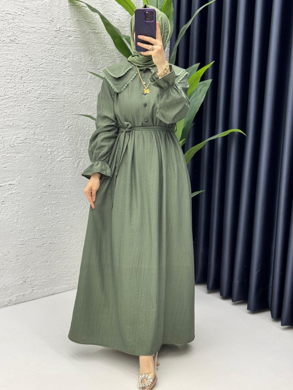 Haki Sanem Elbise Tesettür Giyim
