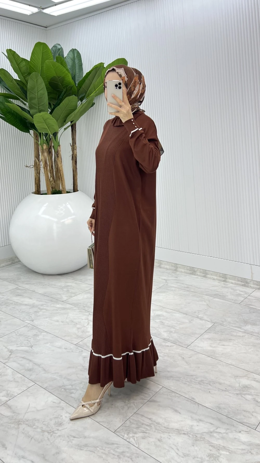 Kahve Bensu Triko Elbise Tesettür Giyim 