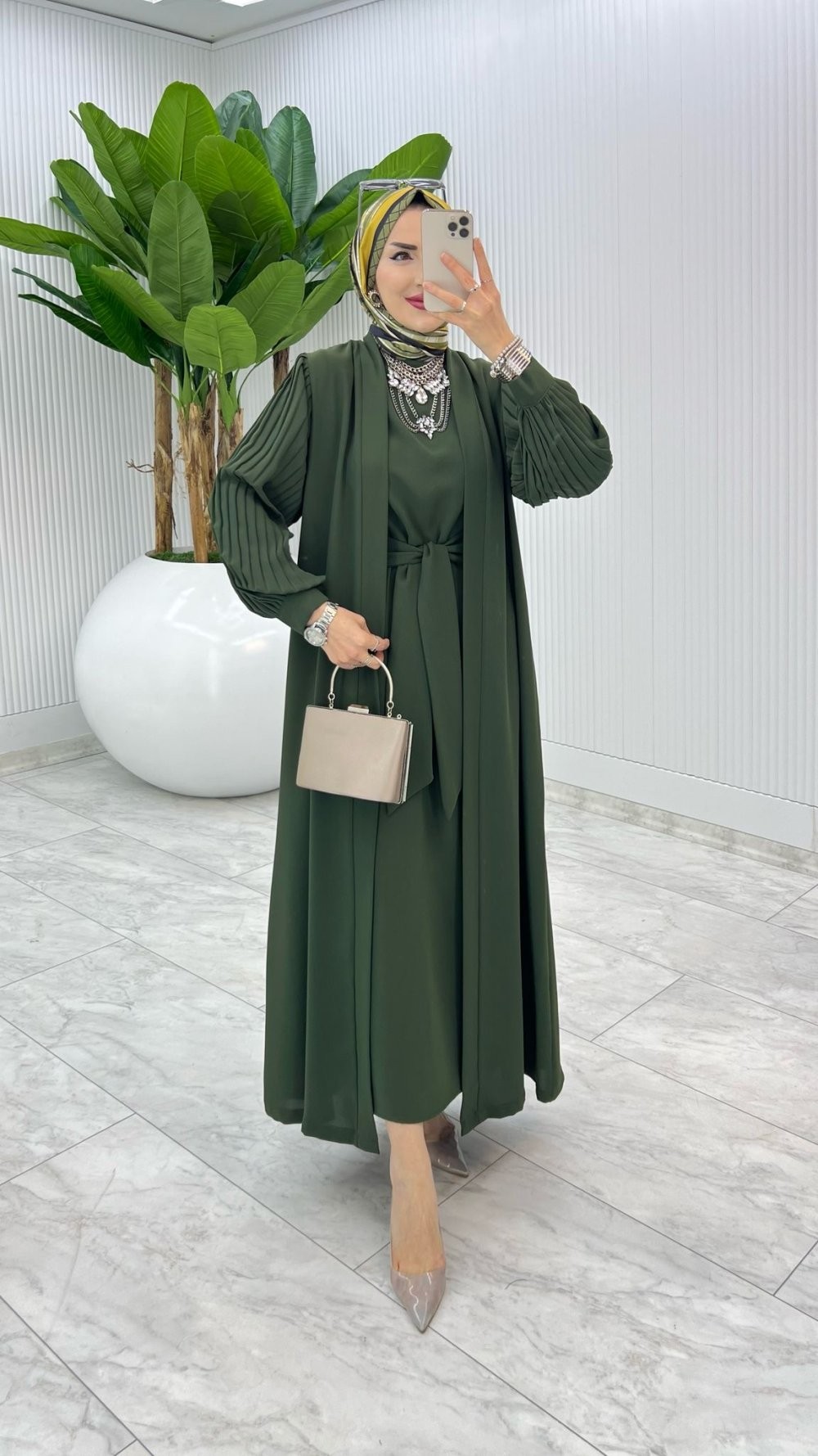 Haki Premium Melek Abaya Takım Tesettür Giyim