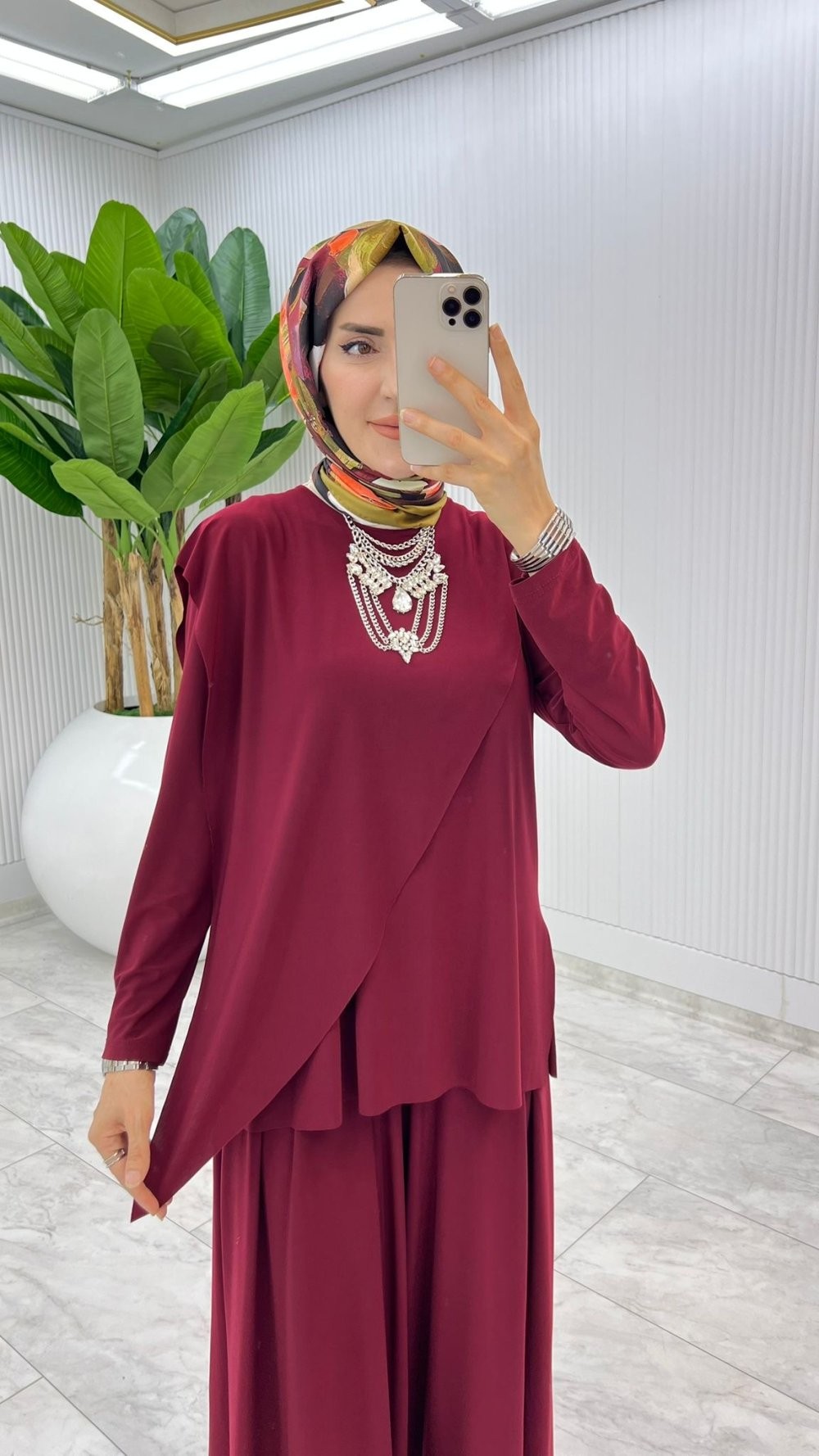 Bordo Asimetrik Takım Tesettür Giyim
