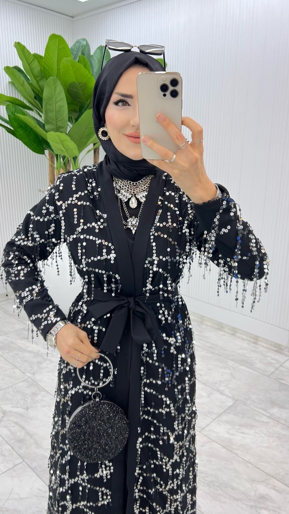 Siyah Karen Tasarım Abaya Takım Tesettür Giyim
