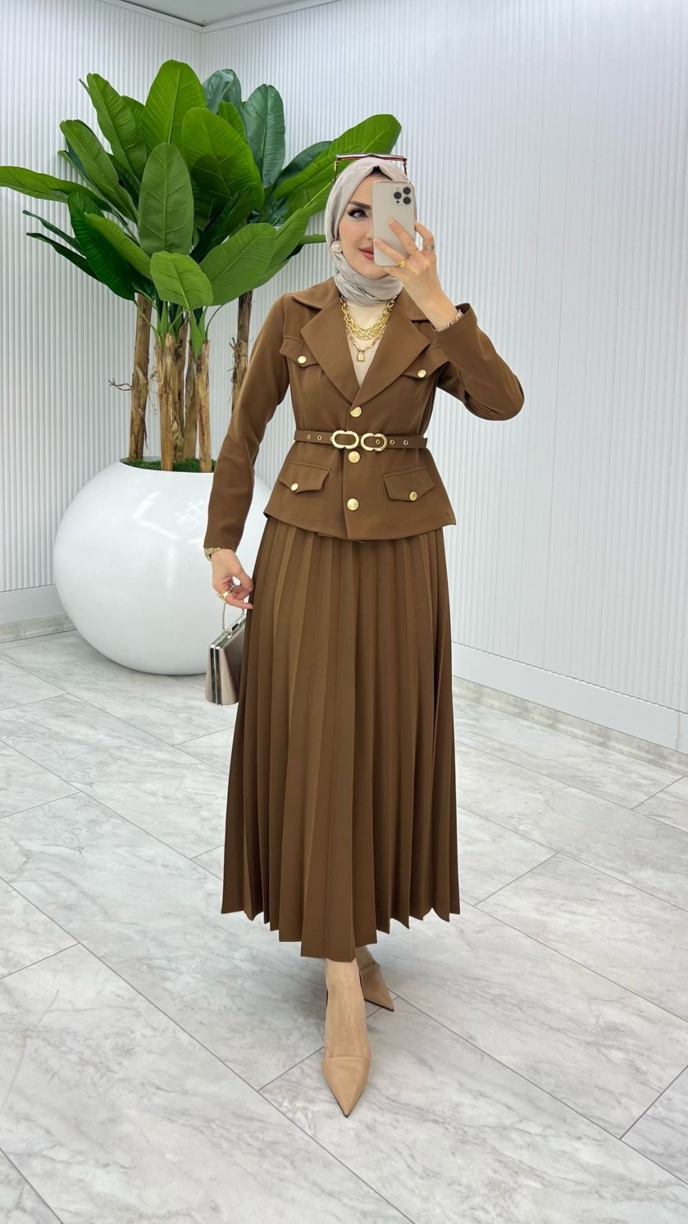 Kahve Premıum Hülya Etek Takım Tesettür Giyim