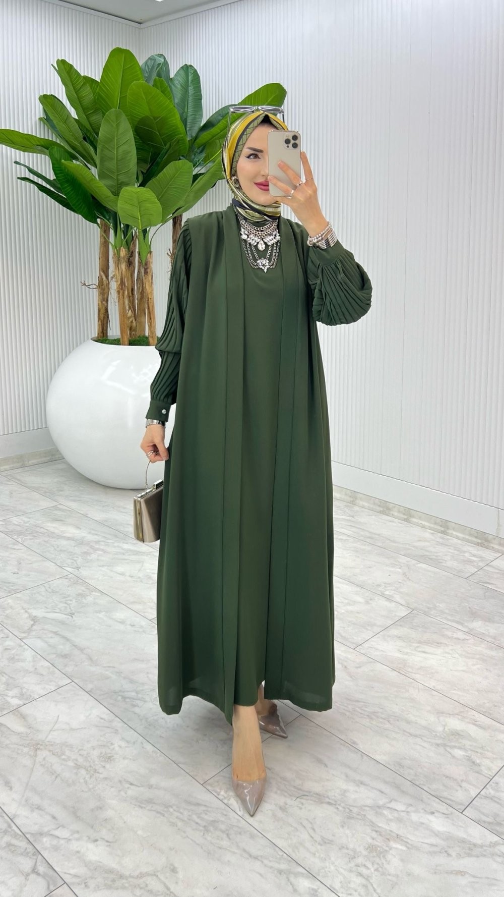 Haki Premium Melek Abaya Takım Tesettür Giyim
