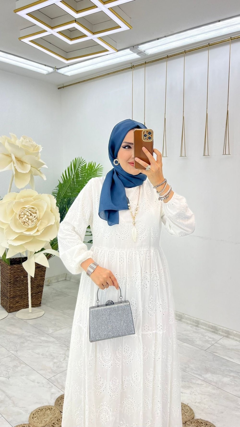 Beyaz Jasmin Brode Elbise Tesettür Giyim