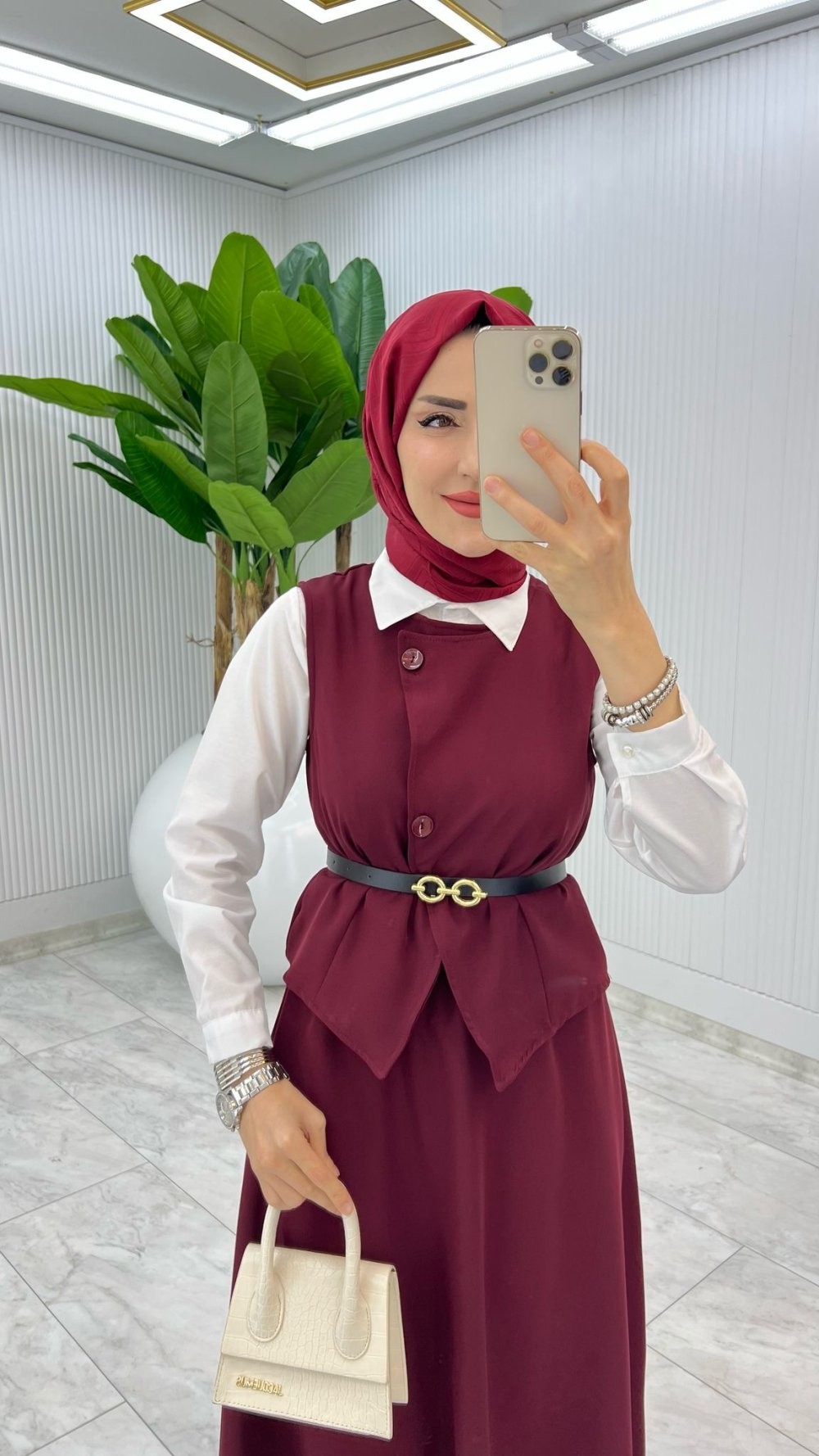 Bordo Kemerli Selvi Takım Tesettür Giyim