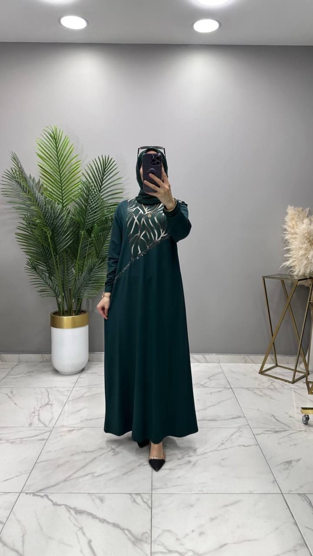 Dolunay Taşlı Elbise Zümrüt 