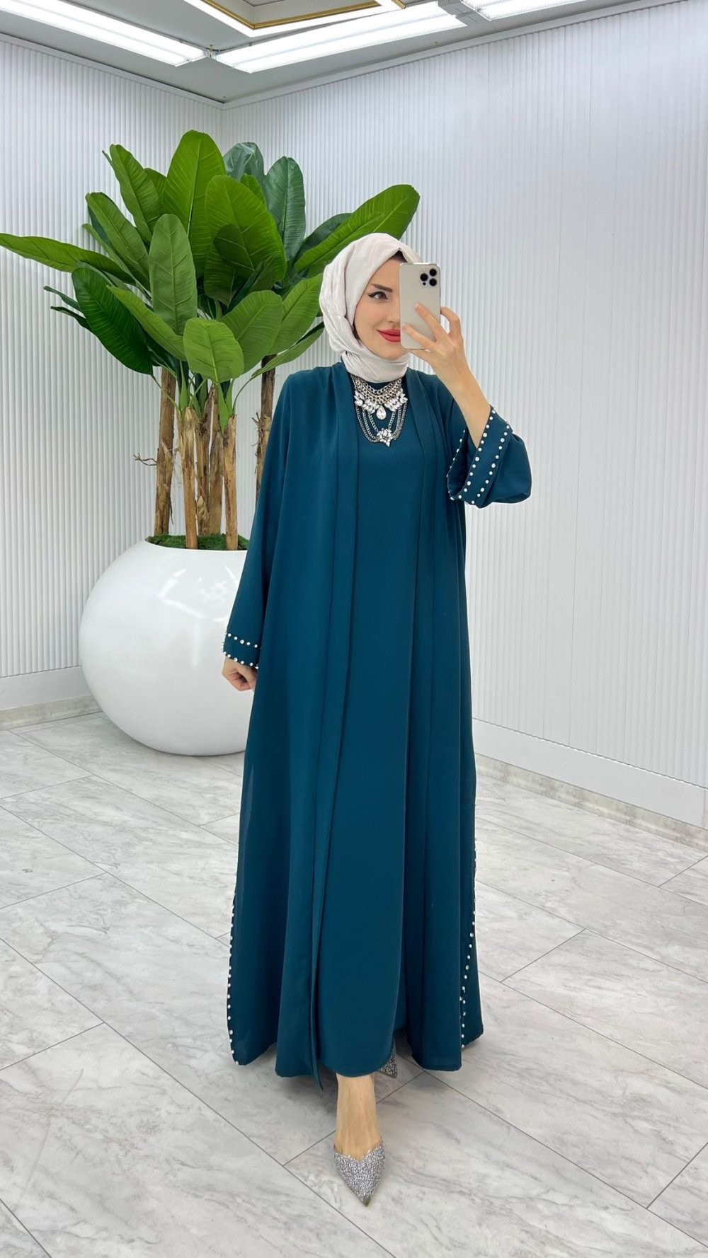 Petrol Premium Sofia Abaya Takım Tesettür Giyim