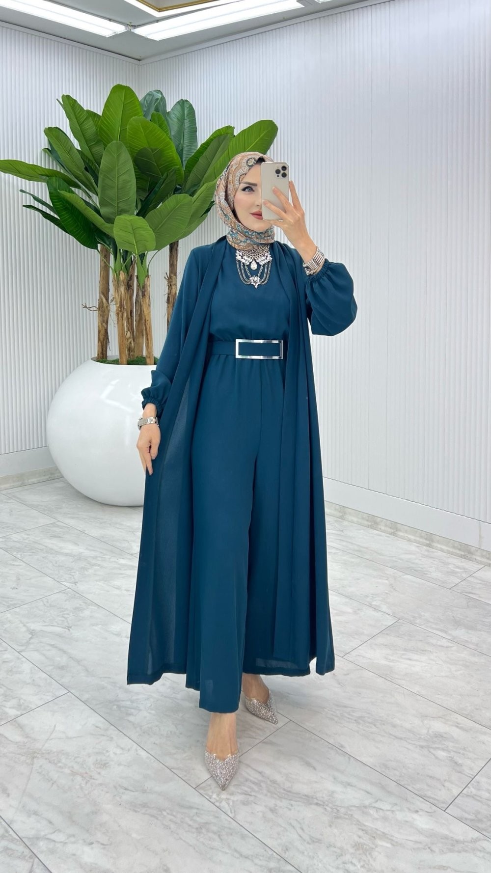 Petrol Premium Silva Tulumlu Abaya Takım Tesettür Giyim