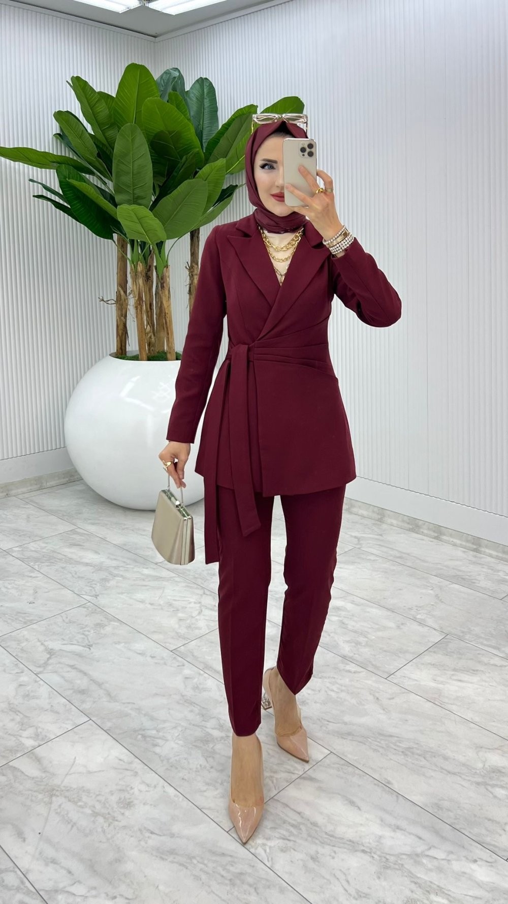 Bordo Premium Astarlı Klas Takım Tesettür Giyim