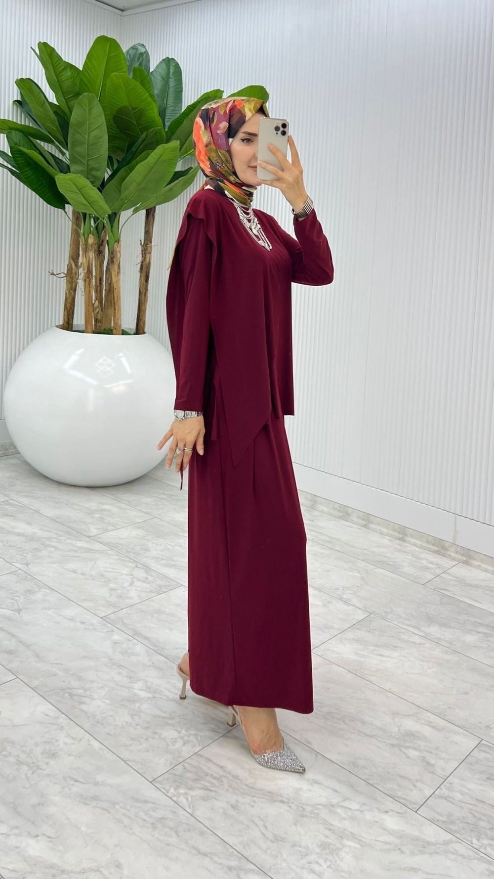 Bordo Asimetrik Takım Tesettür Giyim
