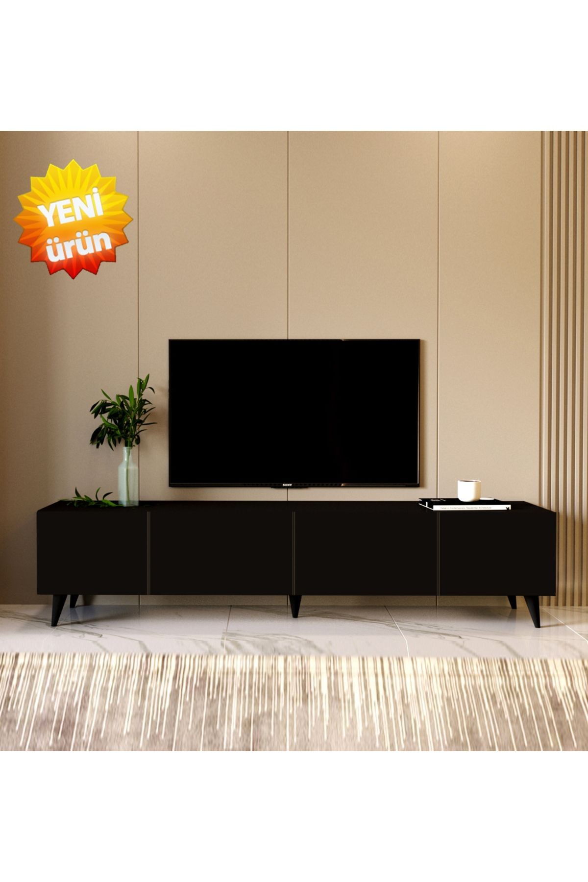 Elegance Plus - Dört Kapaklı MDF Siyah TV Sehpası 160x45x30
