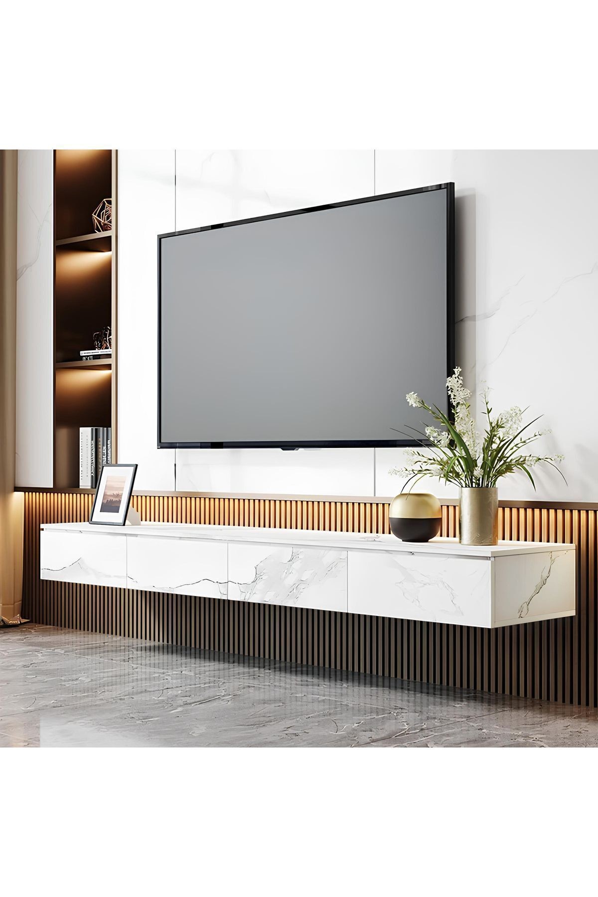 Mermer Görünümlü Duvara Monte TV Ünitesi 240x35x30