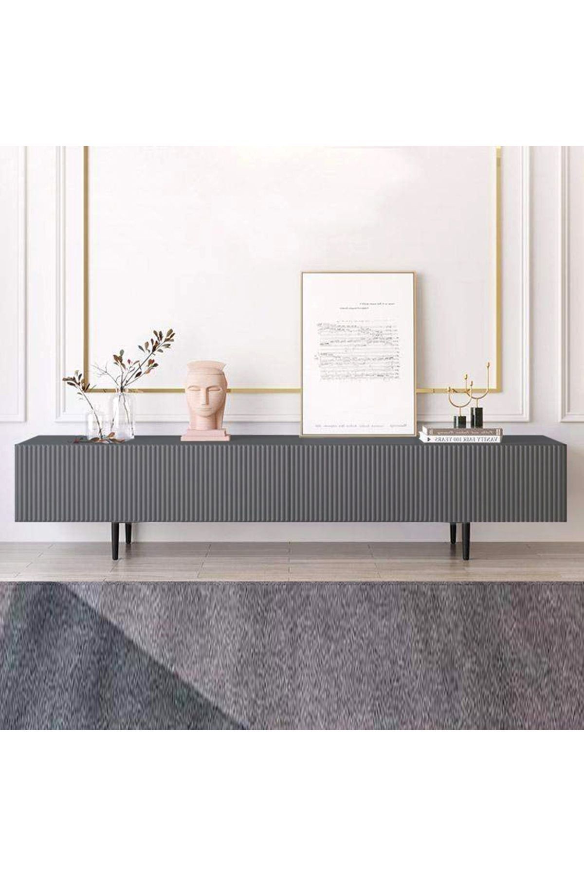 Antasit Renk Şık ve Fonksiyonel Modern Çizgi Kapaklı MDF TV Sehpası 200x44x30 cm
