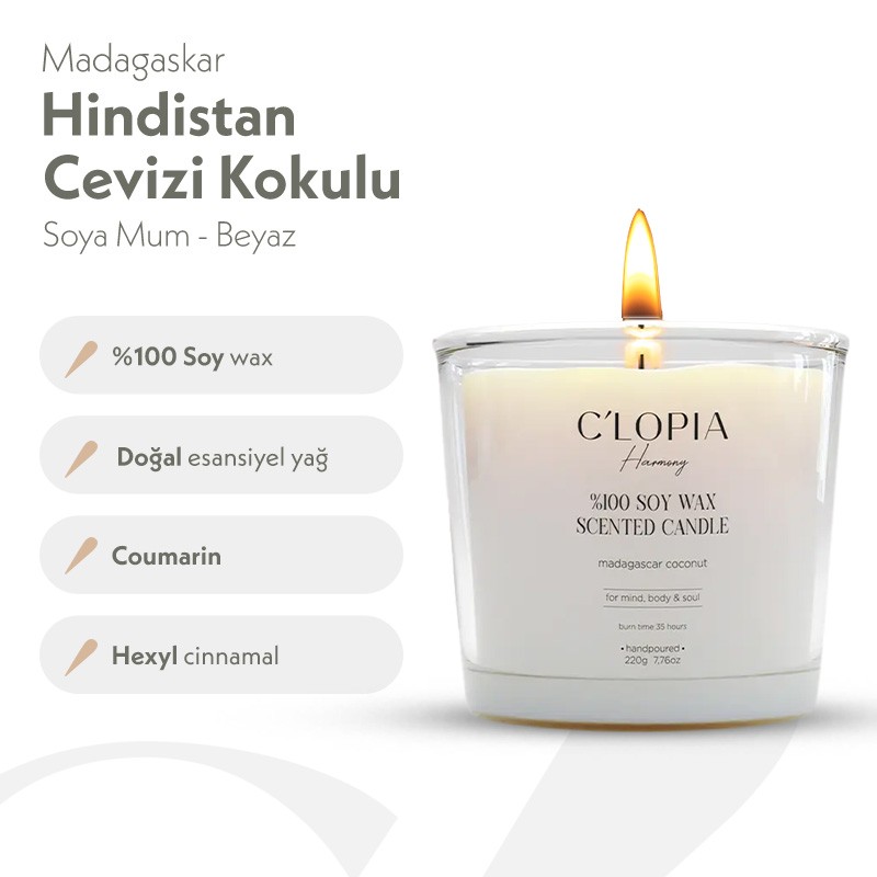 Madagaskar Hindistan Cevizi Kokulu Soya Mum - Beyaz
