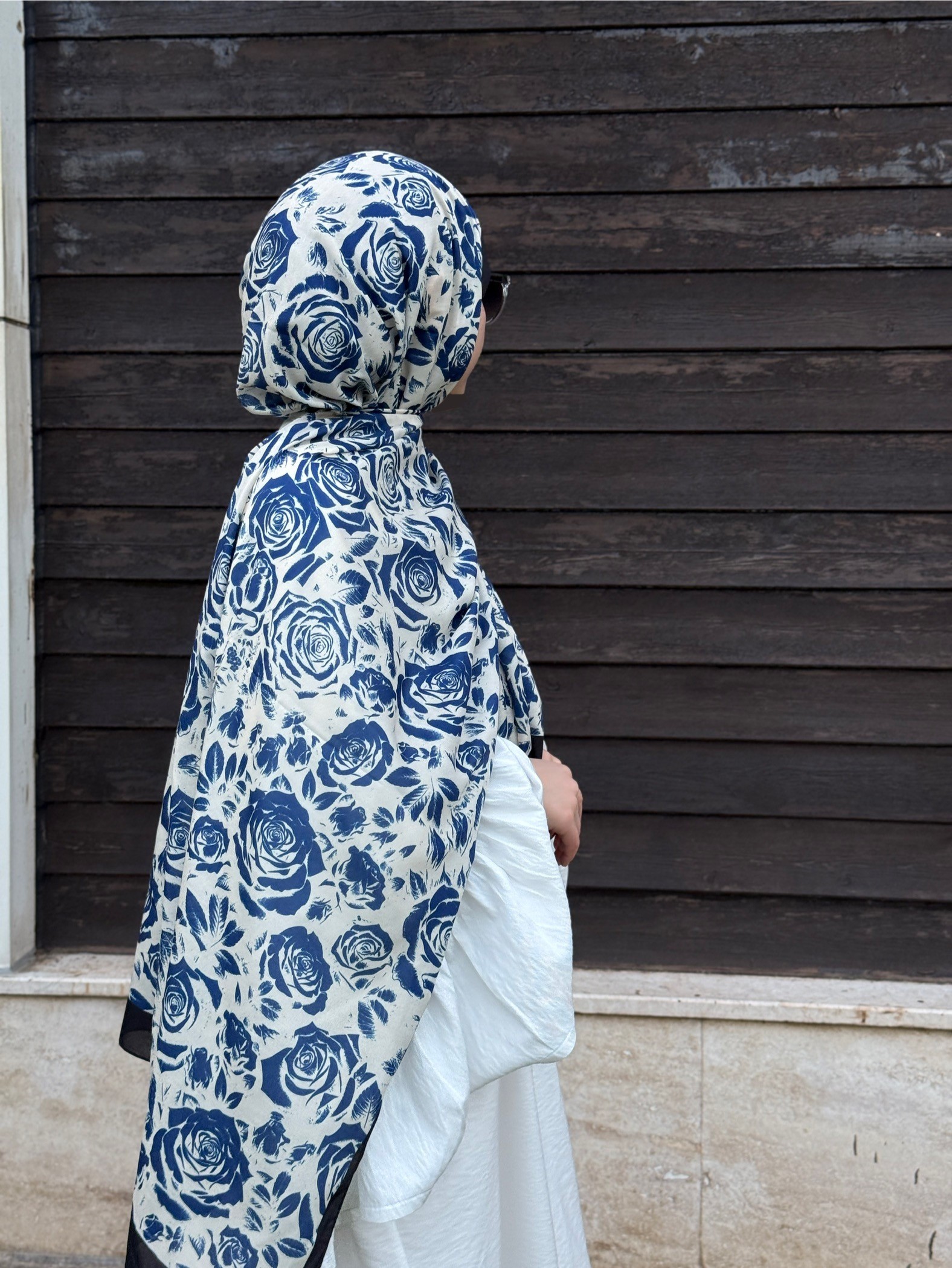 Pamuklu Soft Roza Desen Şal-Krem/Lacivert