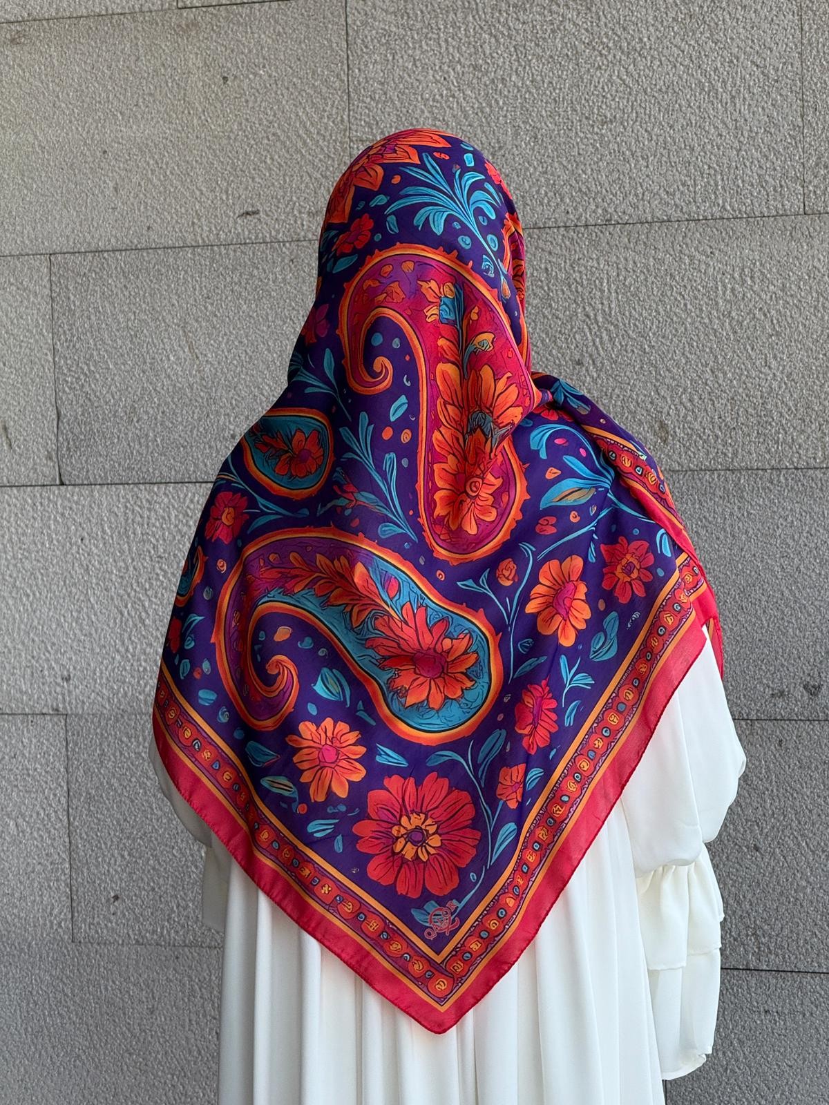 Pamuklu Vintage Desen Eşarp-Nar Çiçeği