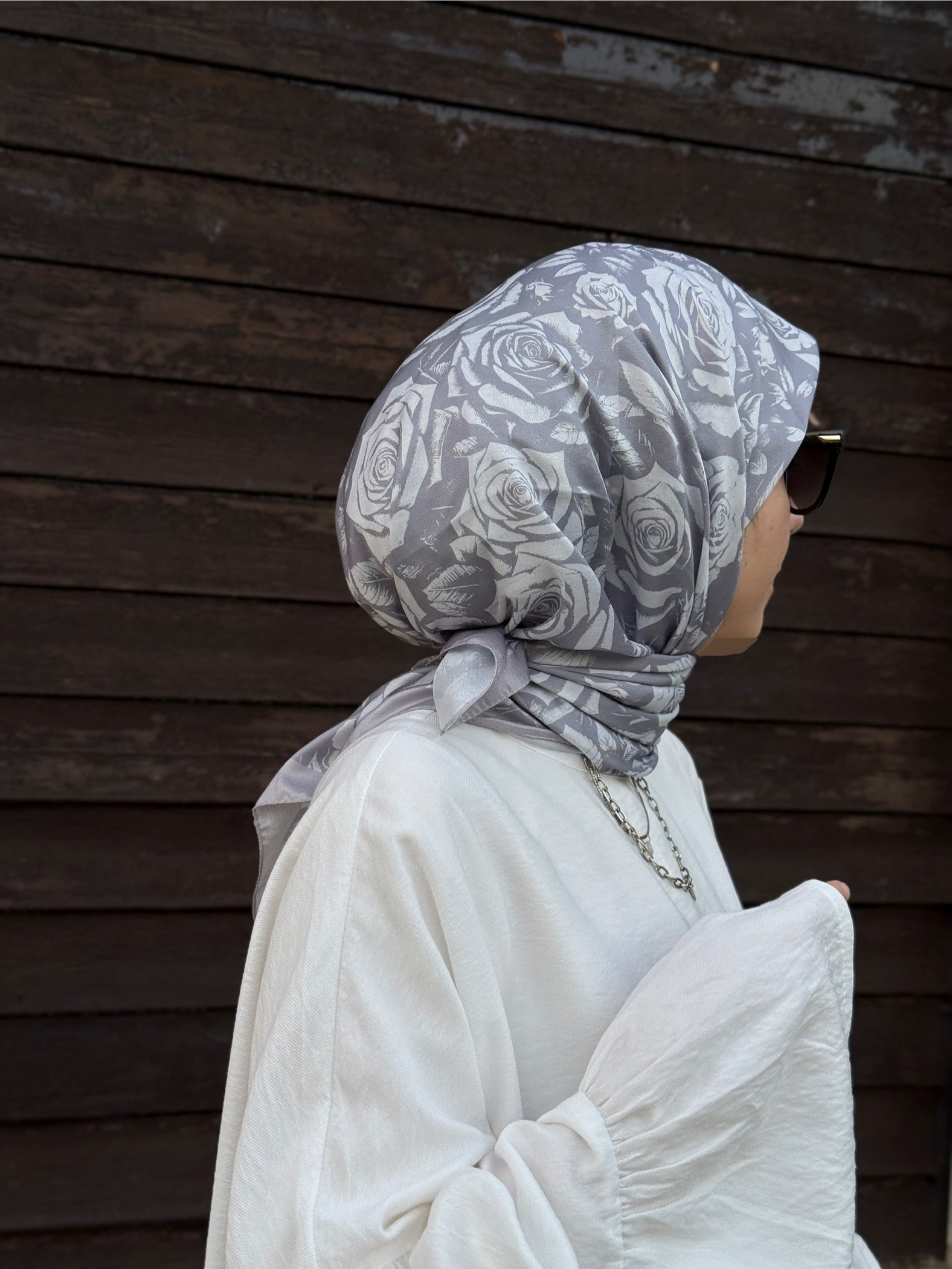 Pamuklu Soft Roza Desen Eşarp-Gümüş