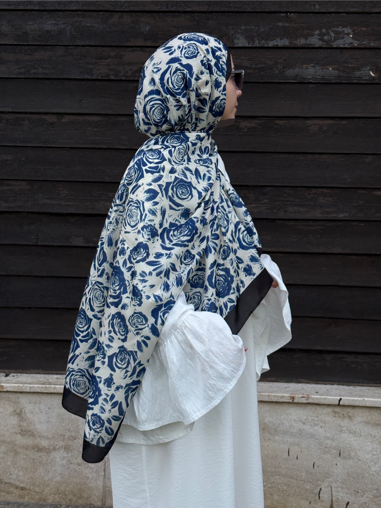 Pamuklu Soft Roza Desen Şal-Krem/Lacivert
