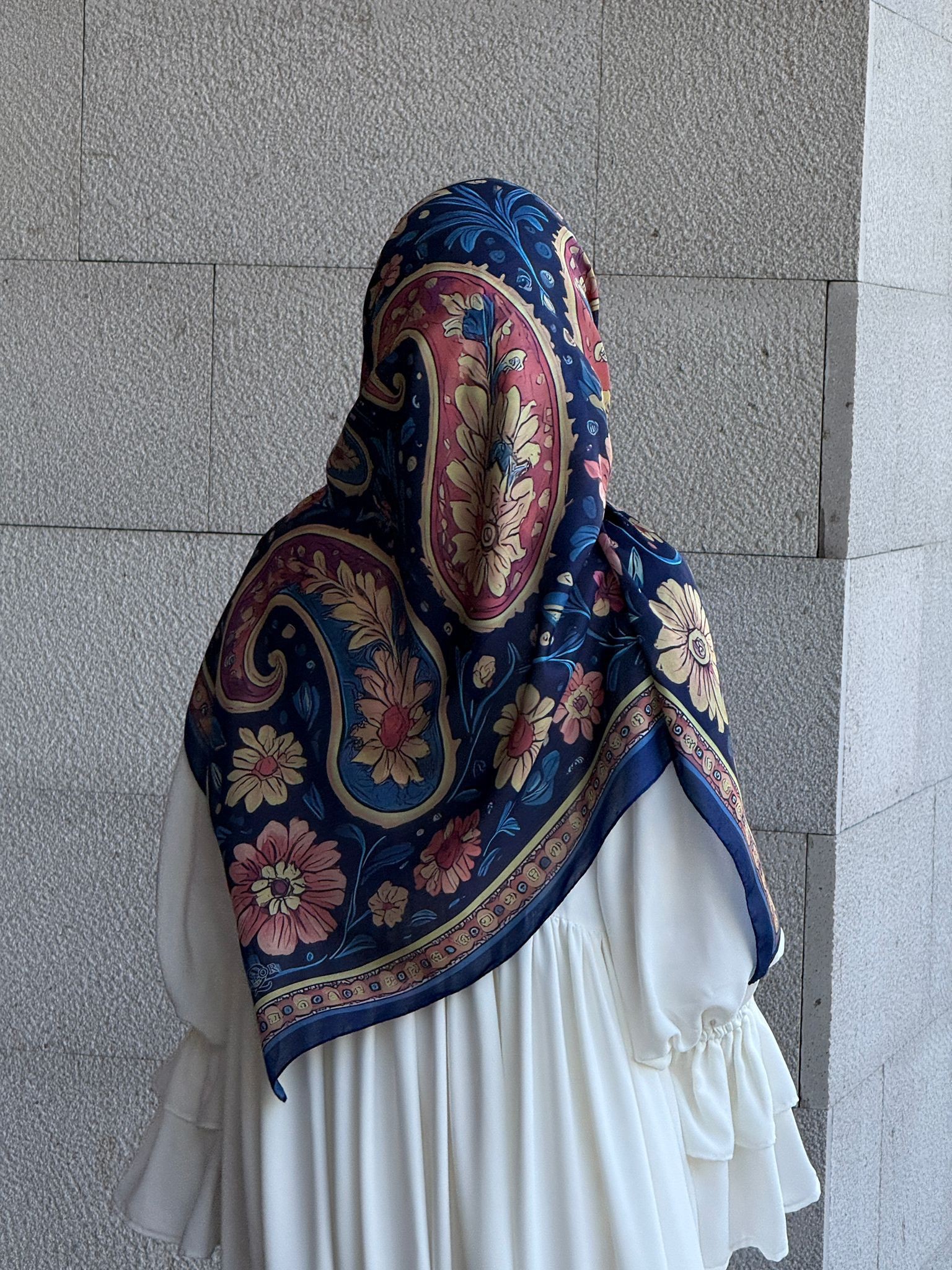 Pamuklu Vintage Desen Eşarp-Lacivert