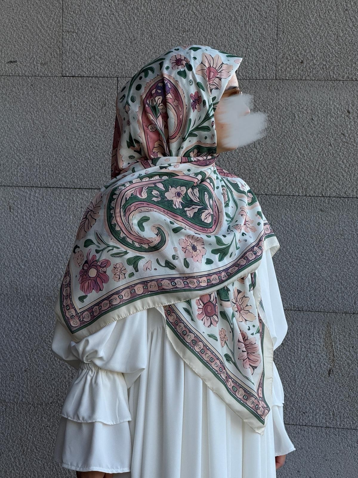 Pamuklu Vintage Desen Eşarp-Krem