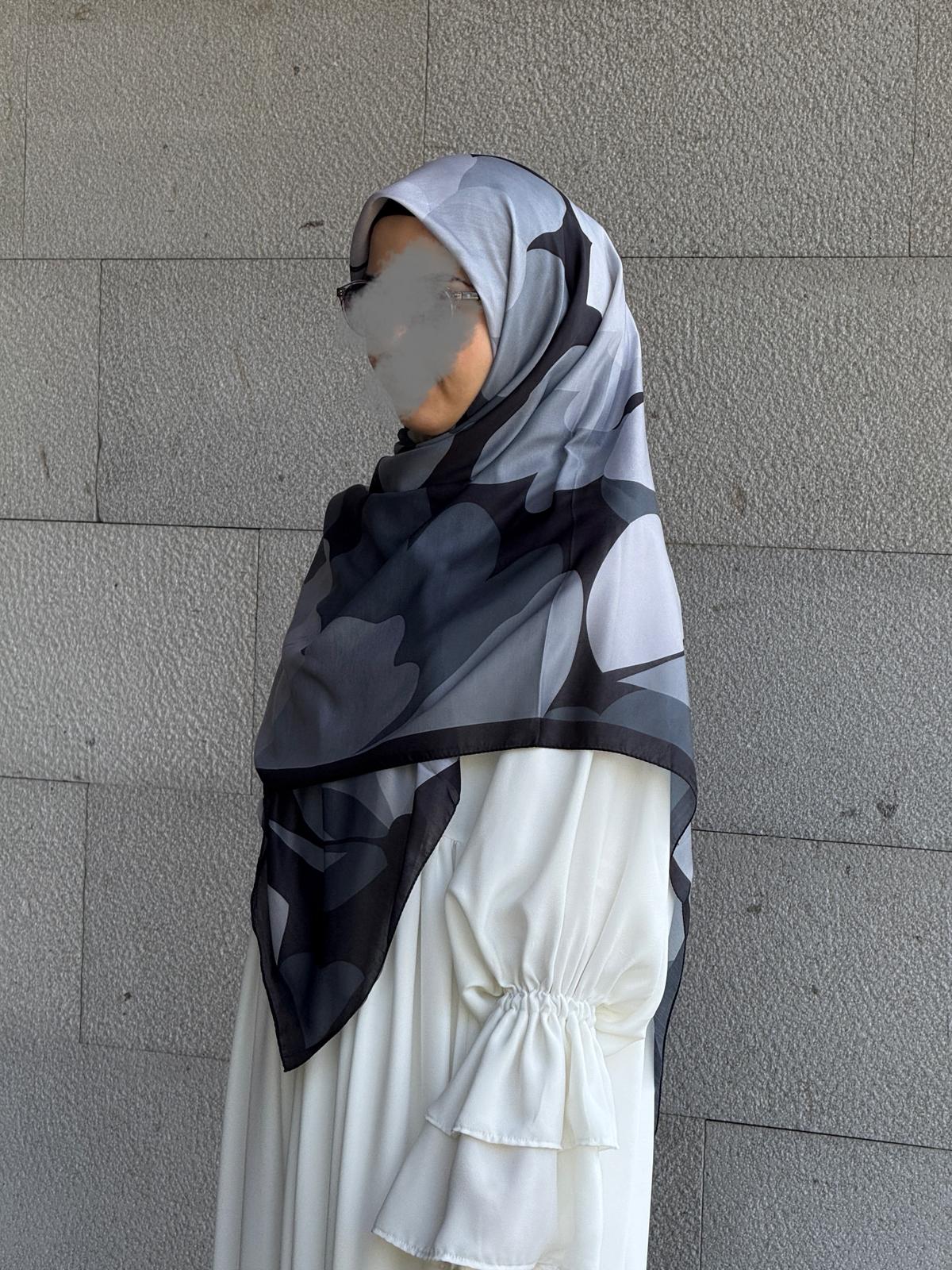 Pamuklu Vera Desen Eşarp-Siyah/Antrasit