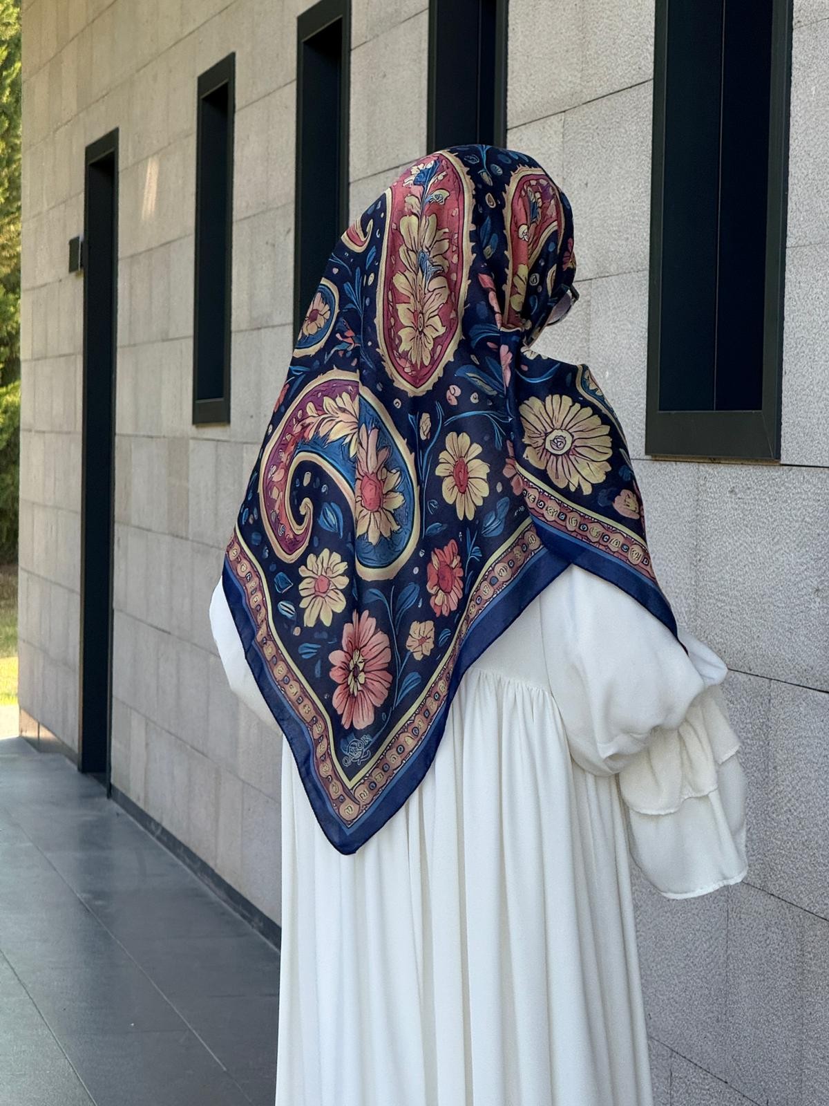 Pamuklu Vintage Desen Eşarp-Lacivert